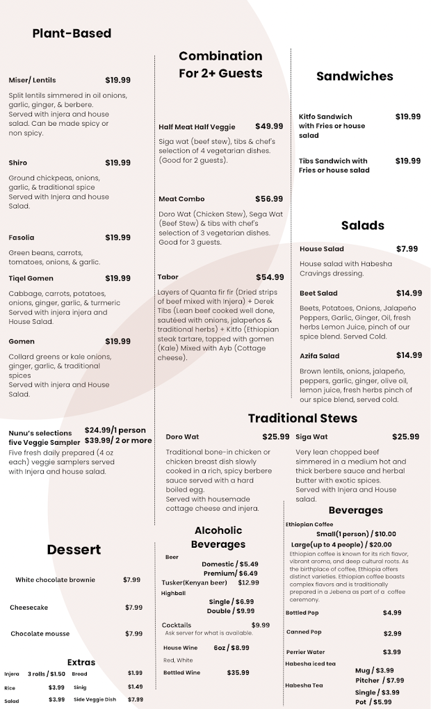 Habesha Cravings UberEats menu showing text-only listings with no food photography