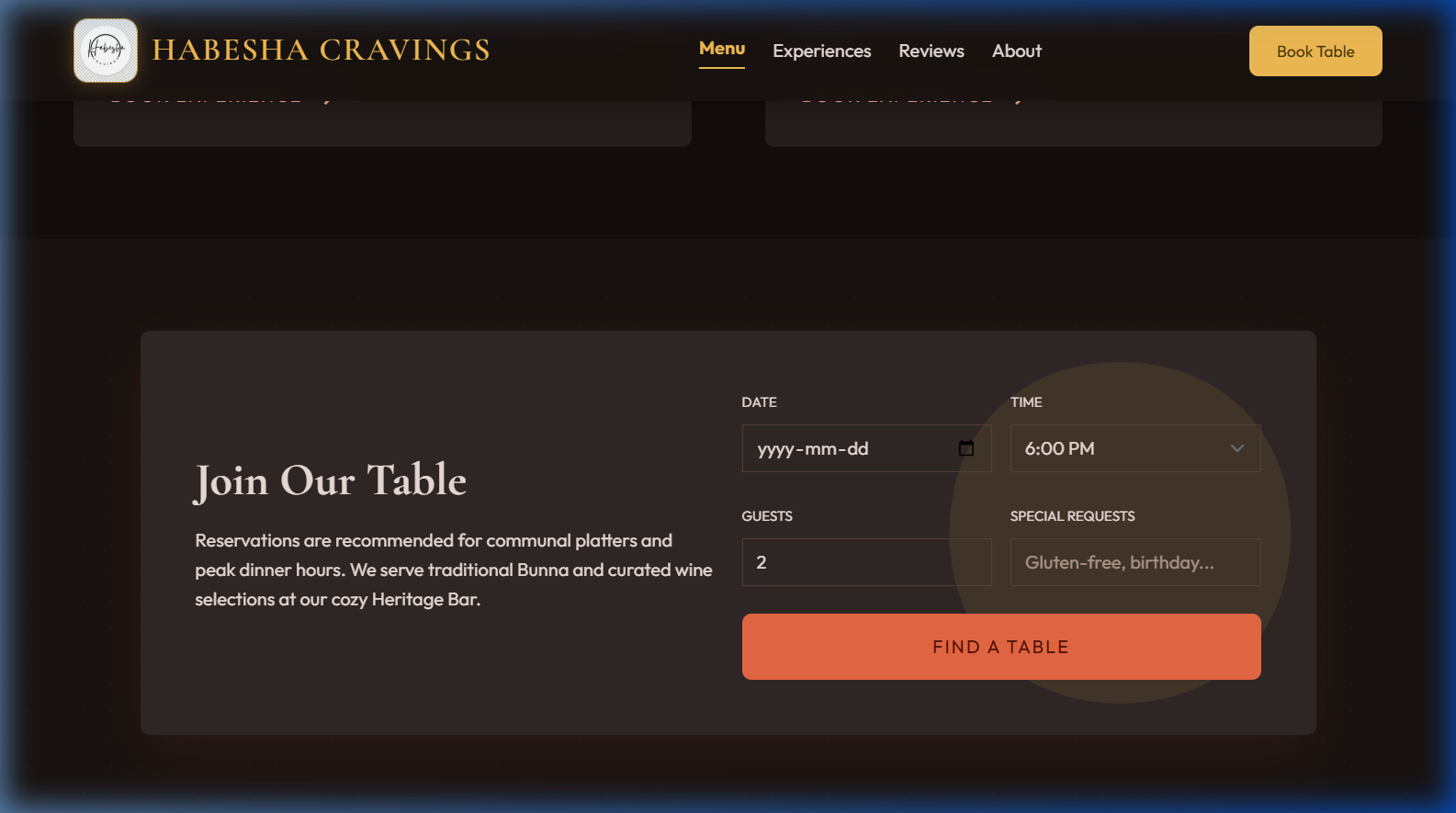 Live demo showing the Join Our Table reservation form