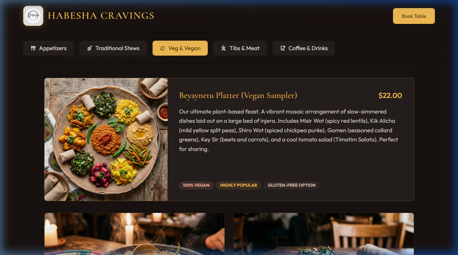 Live demo showing Veg & Vegan tab with dietary badges on menu items