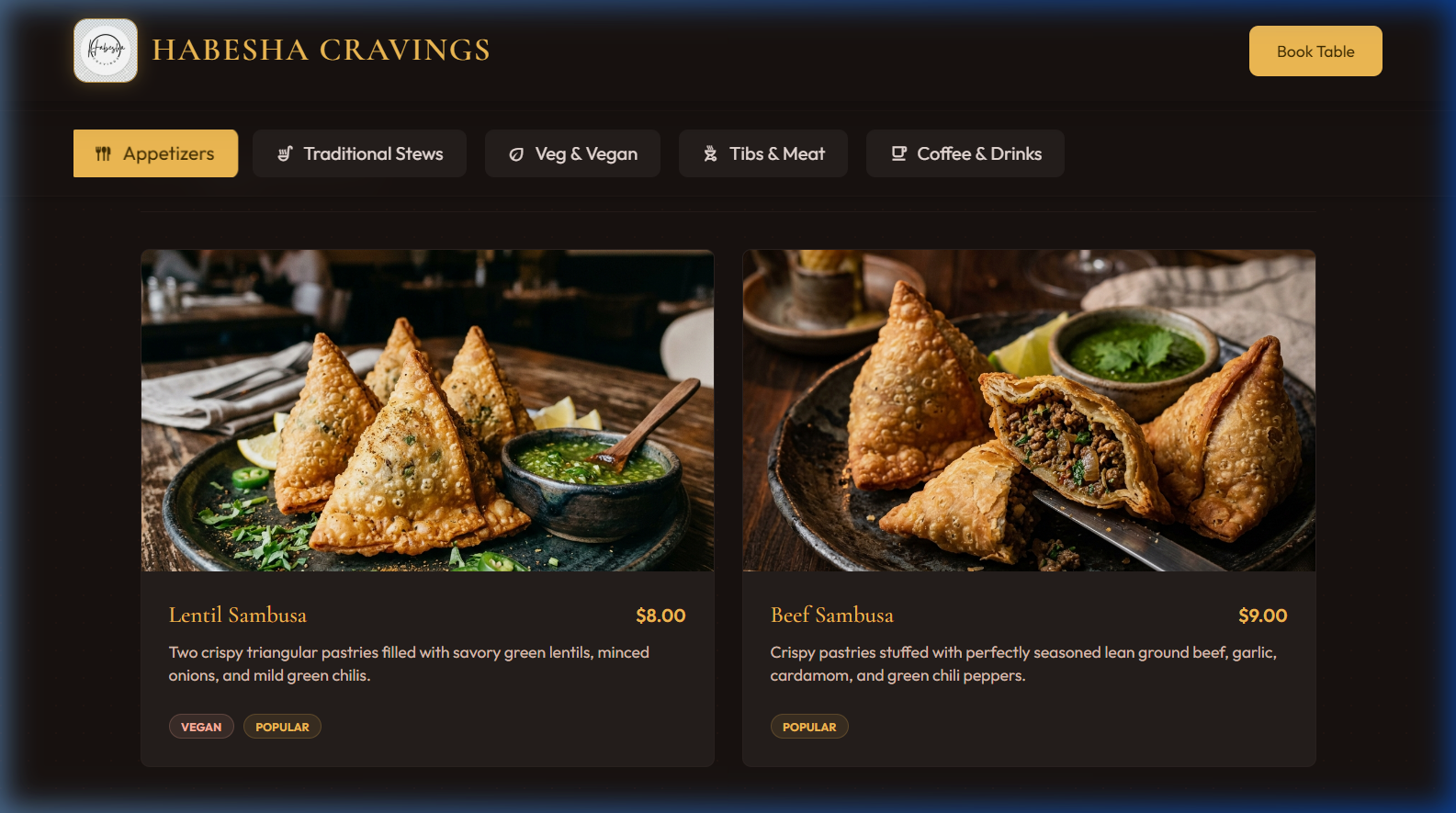 Live demo showing visual food menu with category tabs and photography